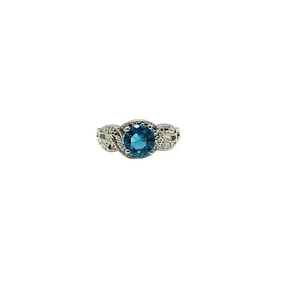 JS Signed Blue Glass Rhinestone Costume Bling Ring Size 6 Silver Tone Plated